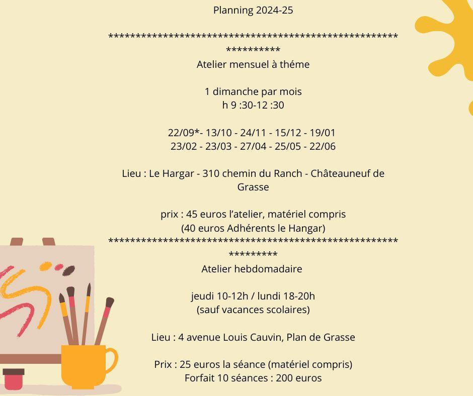 Planning 2024 25 atelier mensuel a theme 1 dimanche par mois h 9 30 12 30 2209 1310 2411 1512 1901 2302 2303 2704 2505 2206 lieu le hargar 310 chemin du ranch